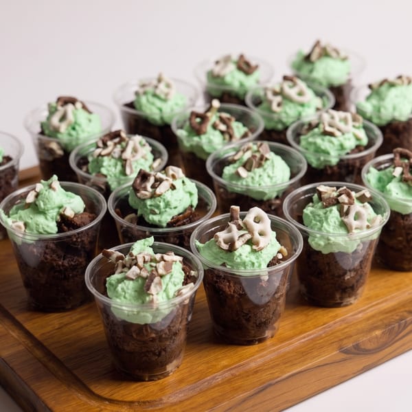 Mini chocolate desserts with green frosting and pretzel toppings on a wooden tray.